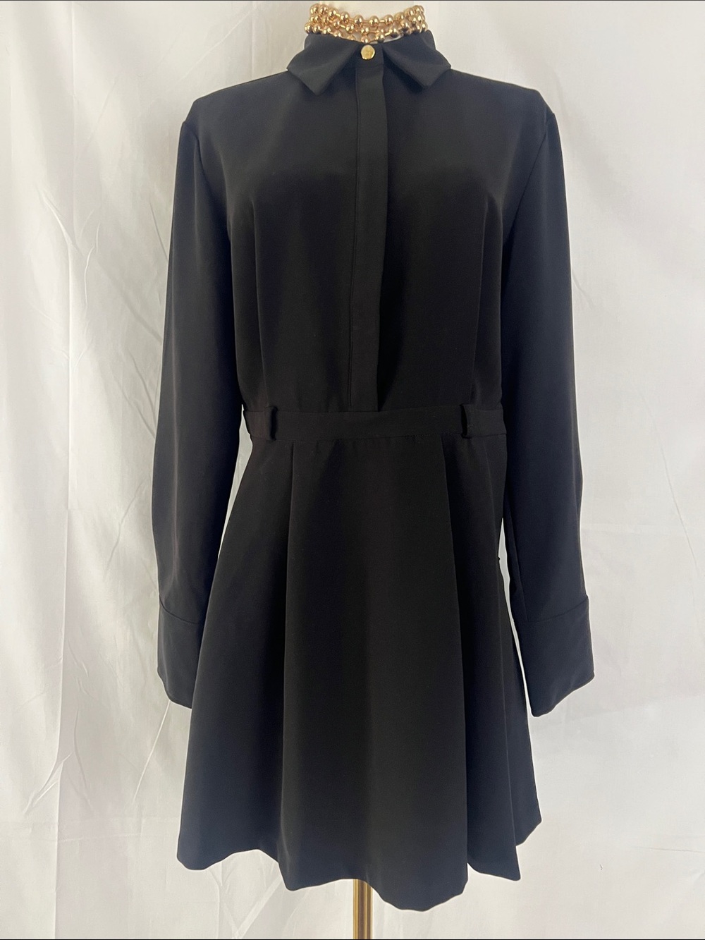 Zara Collared Long-Sleeve Pleated Mini Dress Gold&Black Button Detail Size M